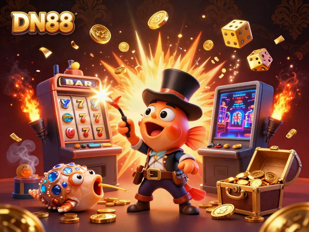 Experience the excitement of DN88 with a dynamic 3D illustration featuring an anglerfish and shrimp among coins and a colorful slot machine.