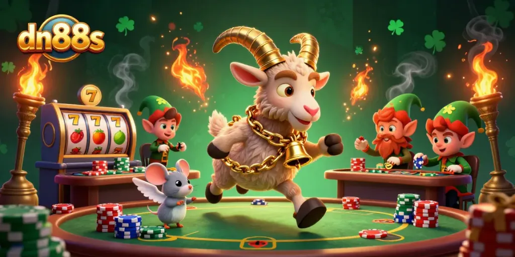 Engage in thrilling games at dn88s with Krampus and playful characters in a vibrant casino scene.