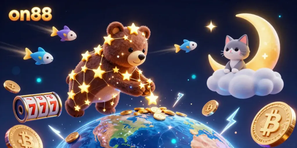 Engage in thrilling casino action with on88's 3D constellation bear grabbing coins amidst vivid gambling elements.