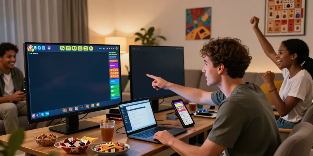 Friends enjoying a lottery-themed gaming experience with SERIBUTOTO app visible, showcasing excitement and community.