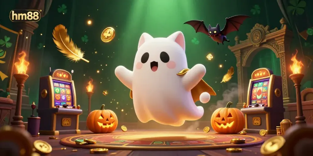 Experience thrilling gameplay at hm88 with a ghost cat and vampire bat in a haunted casino.
