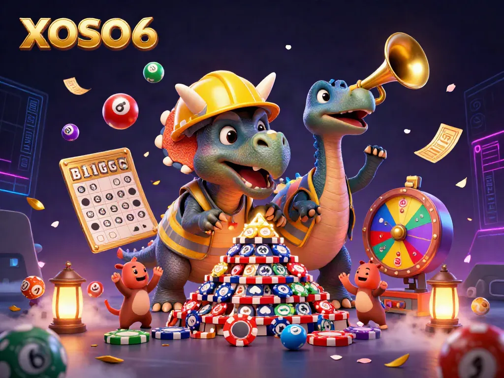 XOSO66 showcases a lively casino scene with a triceratops building poker chips, surrounded by vibrant lottery elements.