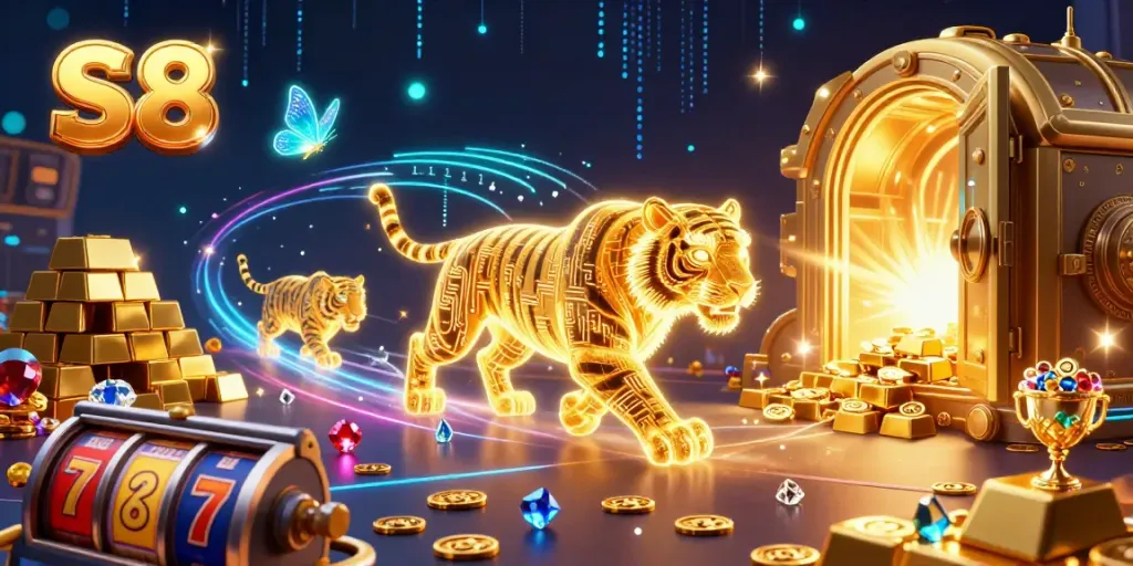 S8 illuminates a vibrant casino landscape with a neon tiger and treasure, highlighting the allure of online betting.