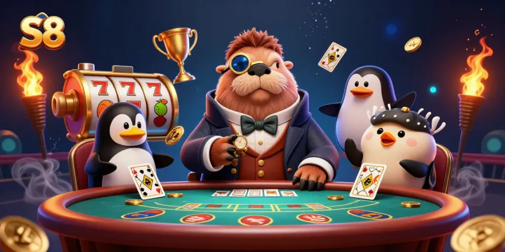 S8 online casino players enjoy an underwater poker game with a walrus dealer, showcasing vibrant slot elements.
