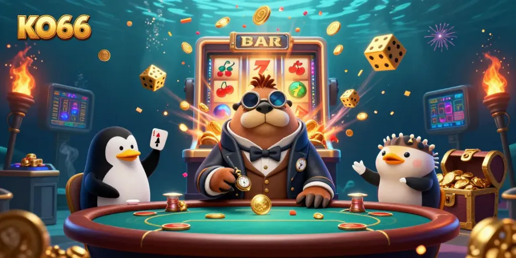 Experience the excitement of KO66 with a vibrant underwater poker scene featuring a walrus, penguin dealer, and a bluffing pufferfish.