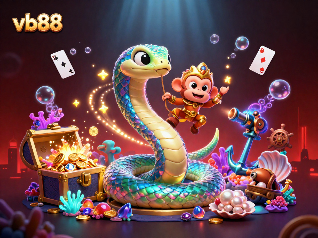Experience thrilling gameplay with vb88, as a rainbow serpent guards treasures in a vibrant casino scene.