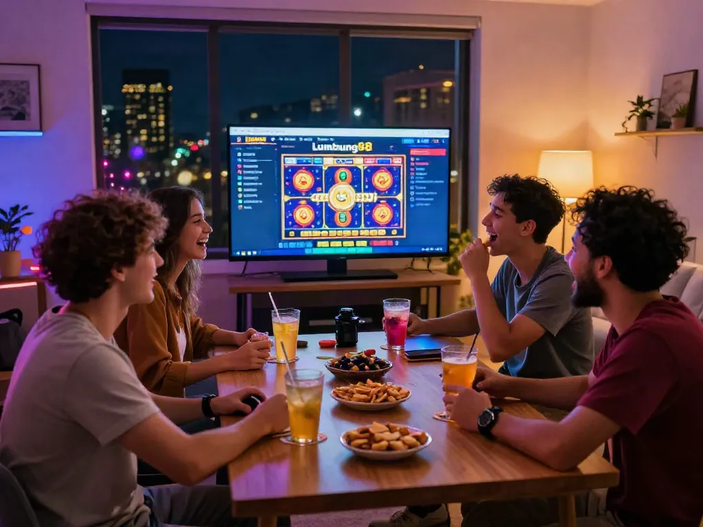 Enthusiastic friends enjoying online gaming at lumbung88 platform with festive atmosphere and city backdrop.