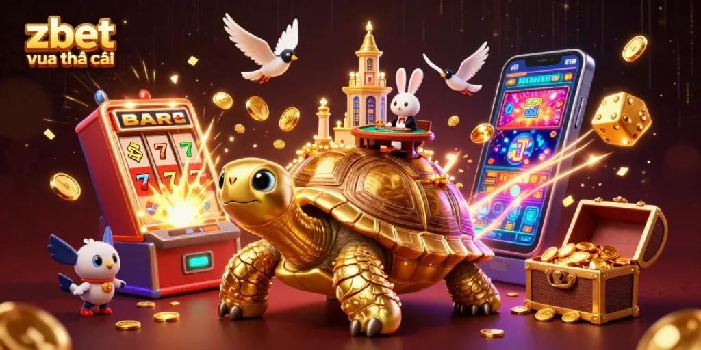 Experience the thrill of zbet vua nhà cái in a vibrant casino scene, featuring a golden tortoise palace and dynamic gaming elements.