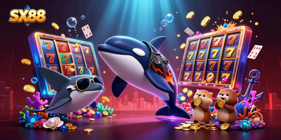 SX88 gambling-themed illustration featuring an orca whale, stingray, and sea otters with golden coins in a vibrant casino underwater scene.