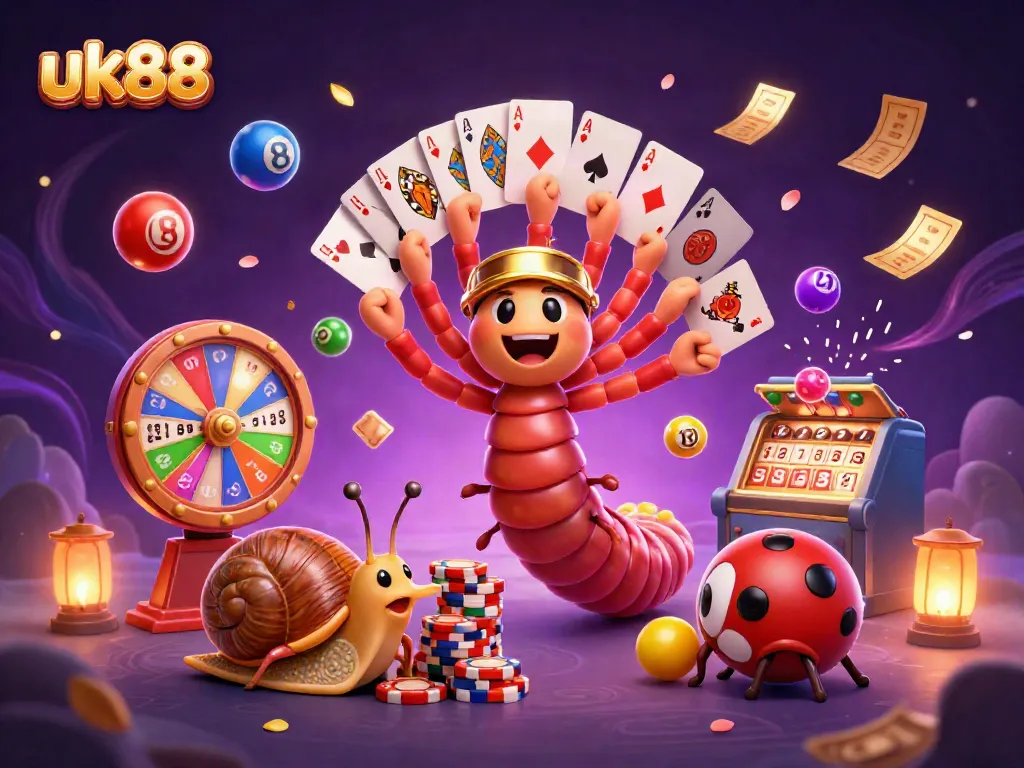 Experience vibrant gaming excitement at uk88 with a colorful 3D casino illustration featuring dynamic playful characters.