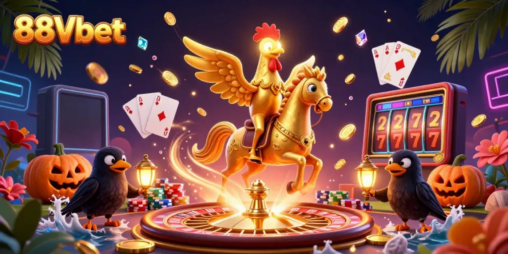 Engage with the thrilling atmosphere of 88Vbet casino featuring captivating characters and vibrant gaming elements.