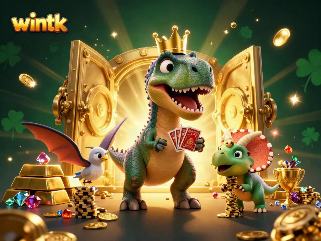 Engage with the thrilling wintk casino scene featuring a card-shuffling T-Rex and gleaming treasures.
