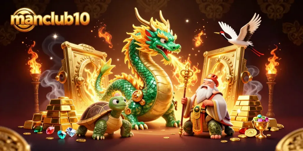 Experience thrilling gameplay at manclub10 featuring a vibrant dragon and lucky cranes amidst treasures.