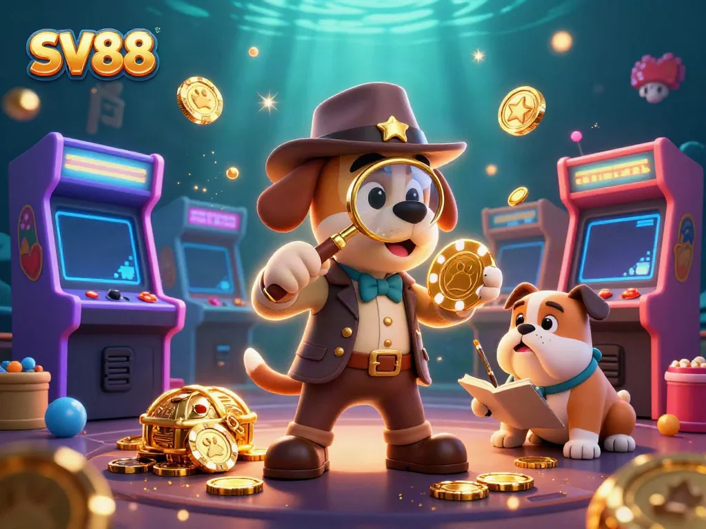 SV88 engages users with a lively detective scene in an animated casino game environment.
