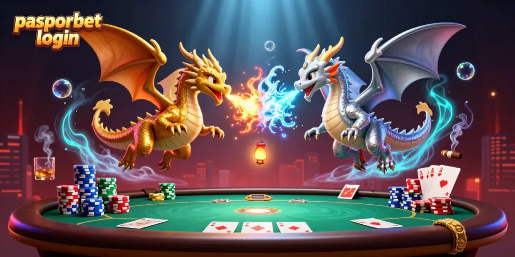 Ilustrasi digital 3D yang menampilkan pasporbet login dengan fitur kasino dan naga yang saling berhadapan.