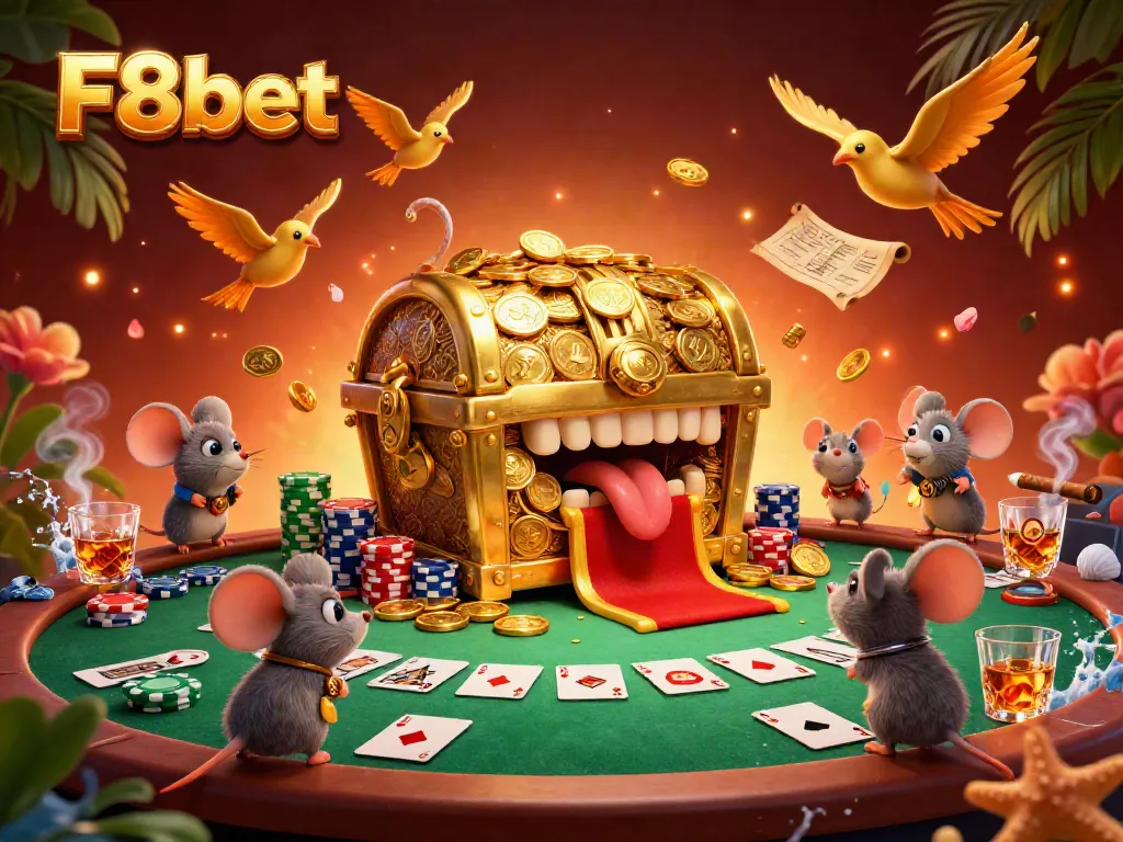 Engage with F8bet's virtual casino featuring poker action and treasure elements in a vibrant 3D illustration