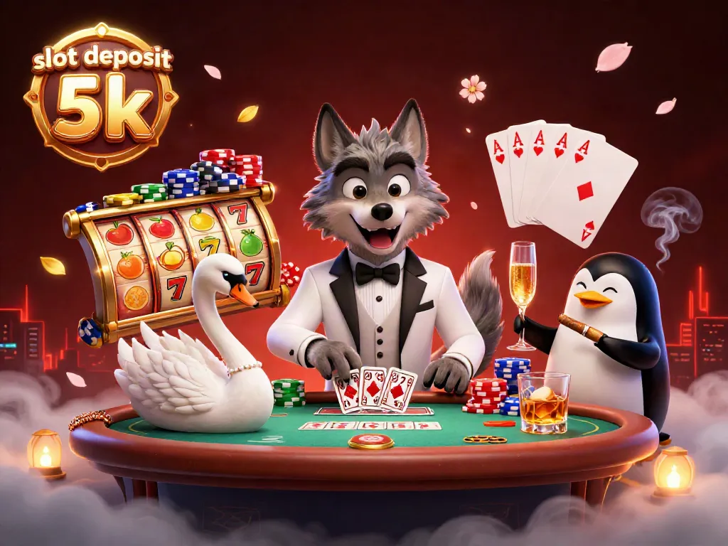 Tampilkan slot deposit 5k dalam ilustrasi kasino dengan karakter menarik dan elemen permainan yang dinamis.