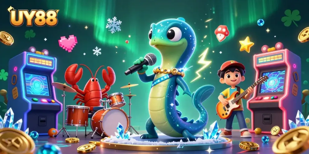 Experience the thrilling underwater performance at UY88 Casino with vibrant characters and gaming elements.