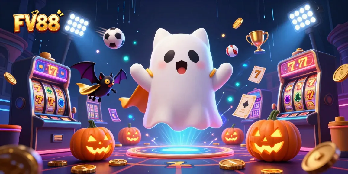 Experience thrilling gameplay at FV88 with a lively haunted casino scene featuring a ghost cat and bat.