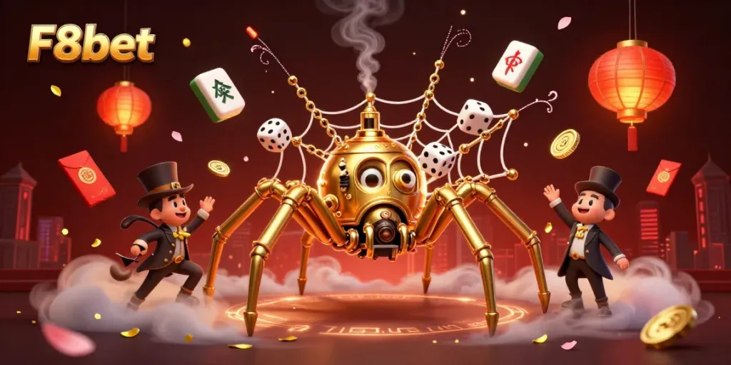 Engage with F8bet's thrilling world featuring a whimsical steampunk spider and game elements