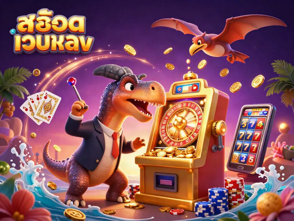 Engage with สล็อตเว็บตรง as a dinosaur celebrates a jackpot win amidst cascading coins and vibrant casino elements.