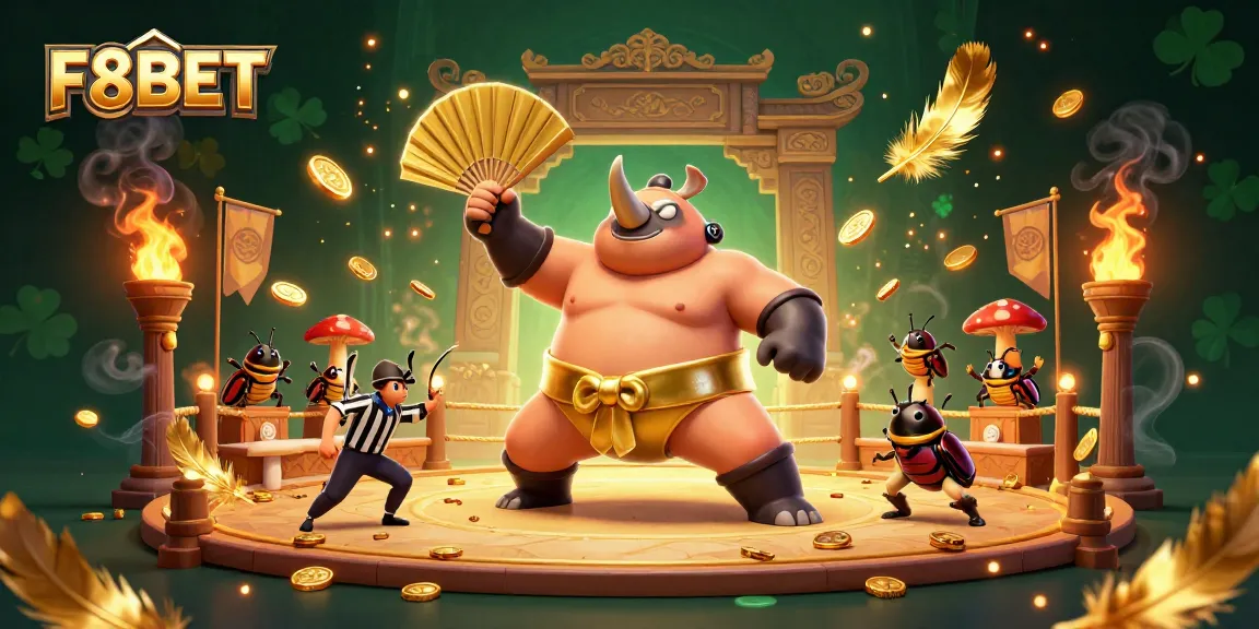 F8BET gains excitement as a sumo beetle stomps, showering coins in an energetic gaming arena.