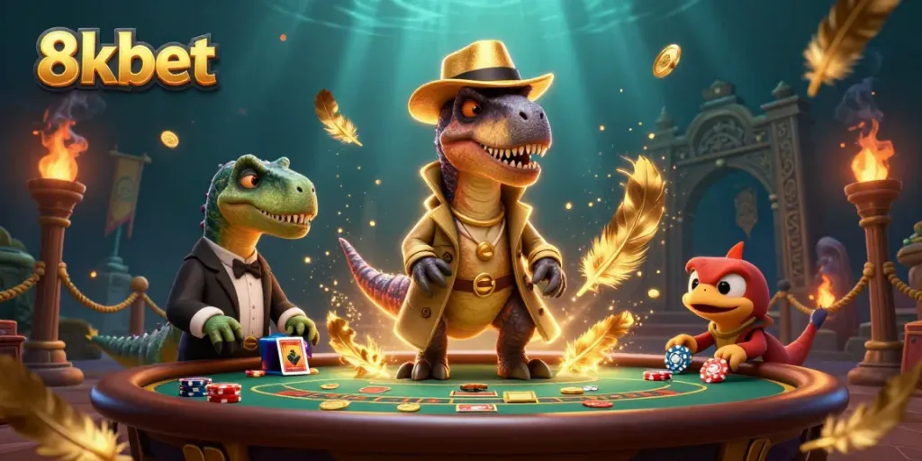 Experience thrilling action at 8xbet's blackjack table with casino-themed dinosaur characters and vibrant details.