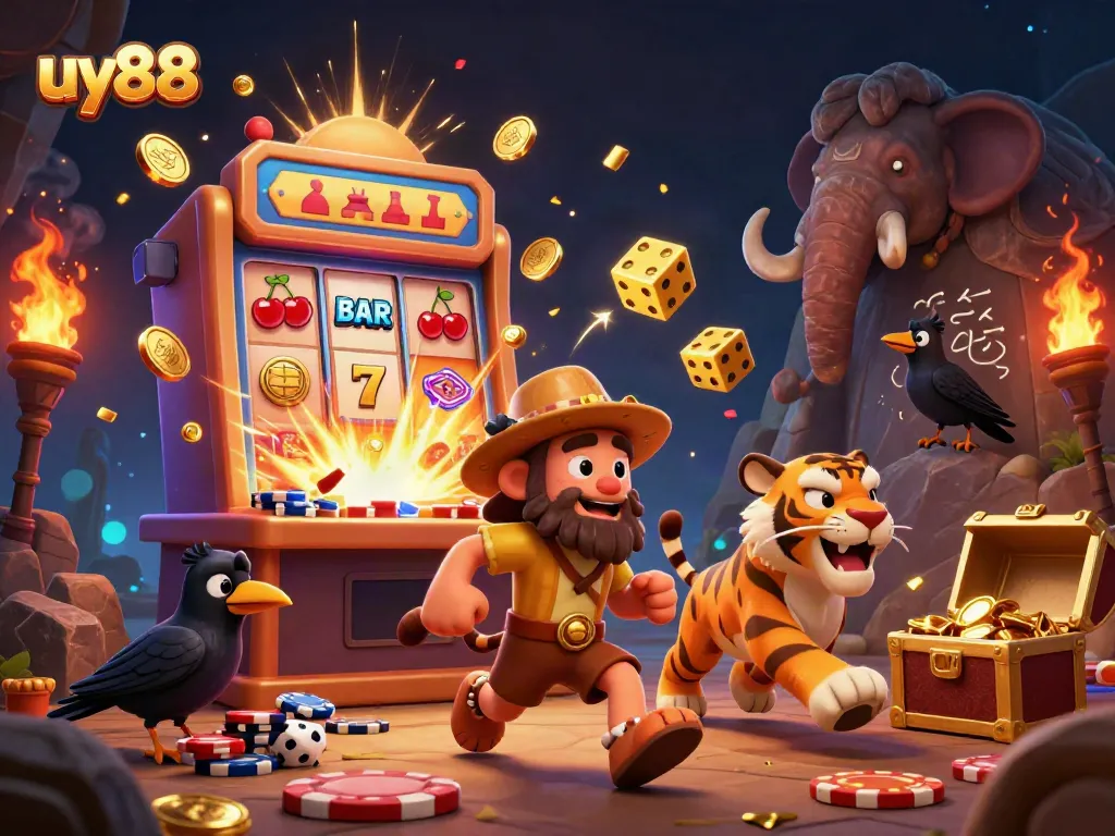 Experience the excitement of uy88 with a thrilling 3D cartoon casino scene featuring a caveman, sabertooth tiger, and clever crow.
