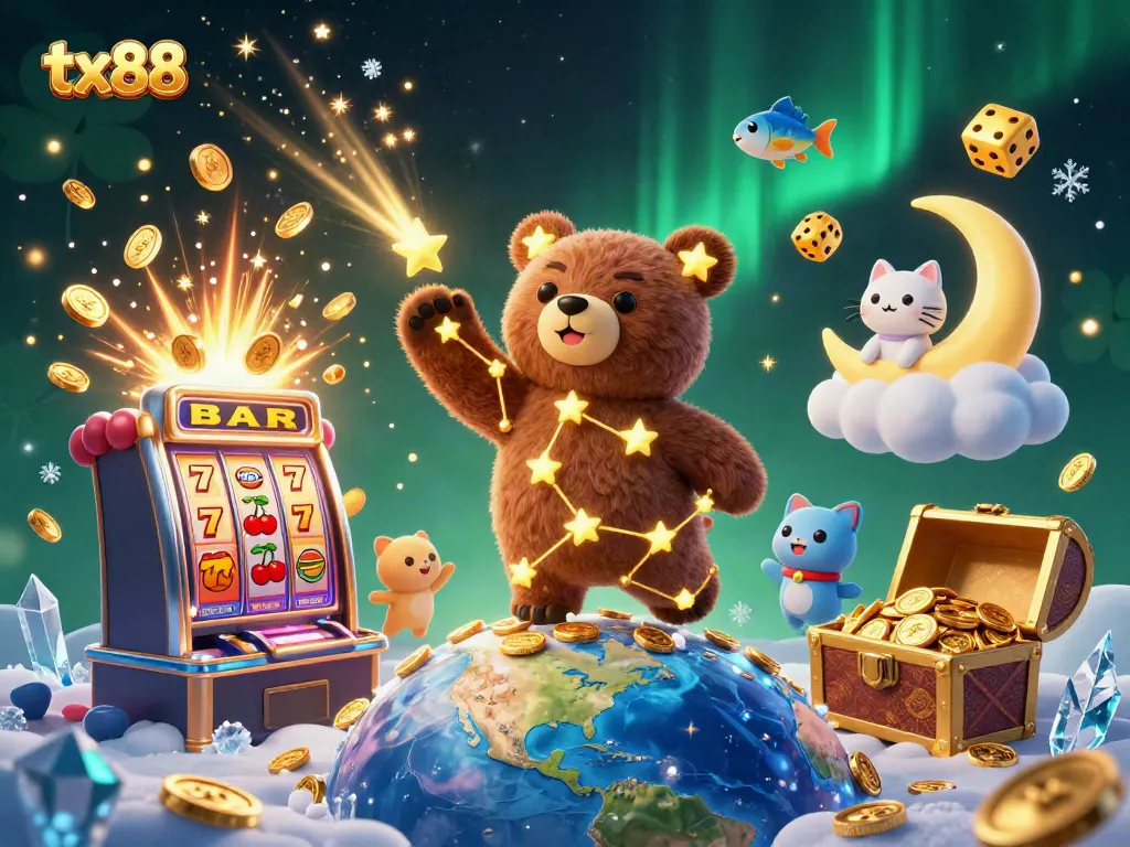 Play games at tx88 with a dynamic scene featuring a lucky constellation bear and thrilling casino elements.