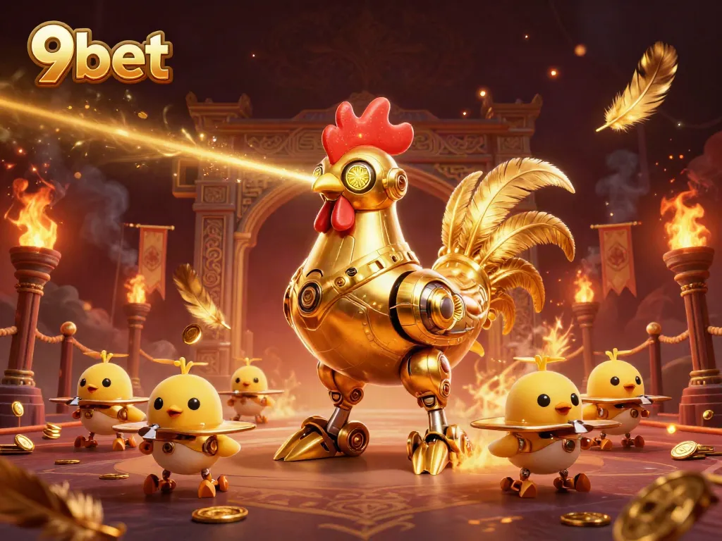 Engage in thrilling action at 9bet with dynamic golden rooster robot shooting laser beams amid casino excitement.