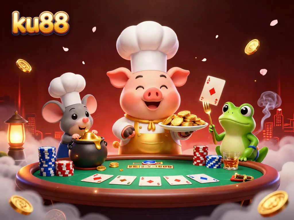 ku88 showcases a vibrant casino scene with a chef pig, sous-chef mouse, and critic frog amidst poker elements.