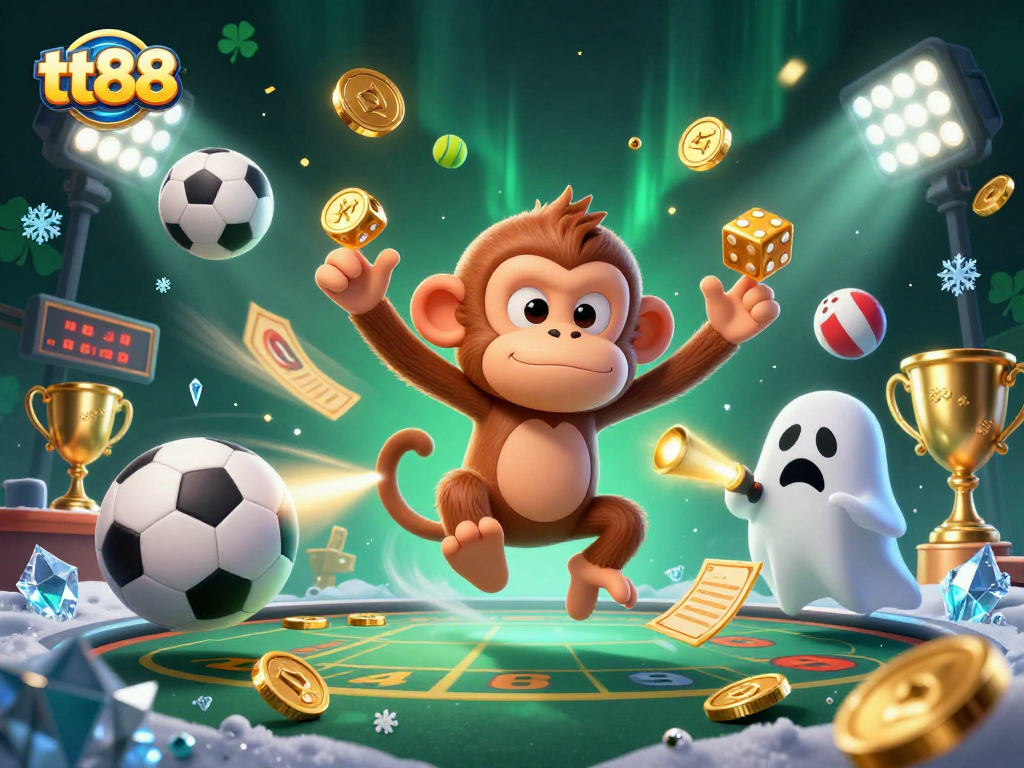 tt88 engages players with a lively and vibrant 3D casino scene featuring a playful poltergeist monkey and an adventurous ghost-hunter puppy.