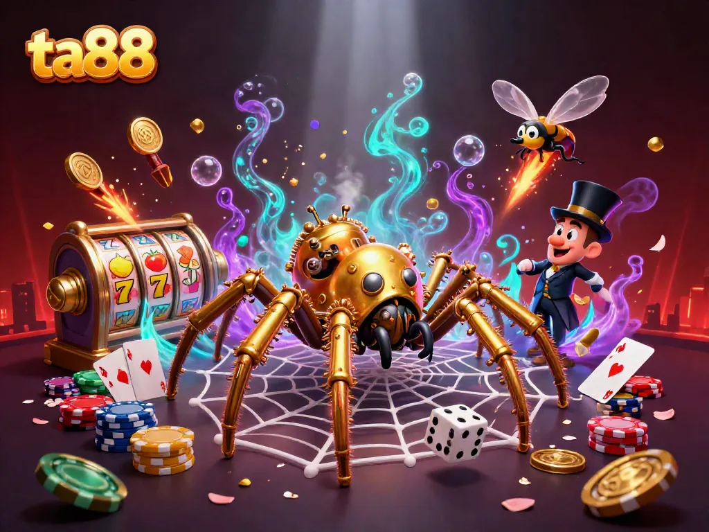 Win big with ta88 in this captivating steampunk spider-themed casino illustration filled with vibrant game elements.