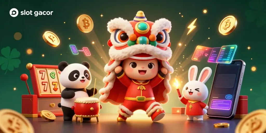 Merayakan slot gacor dengan karakter dalam tarian singa, dikelilingi koin Bitcoin dan Ethereum.