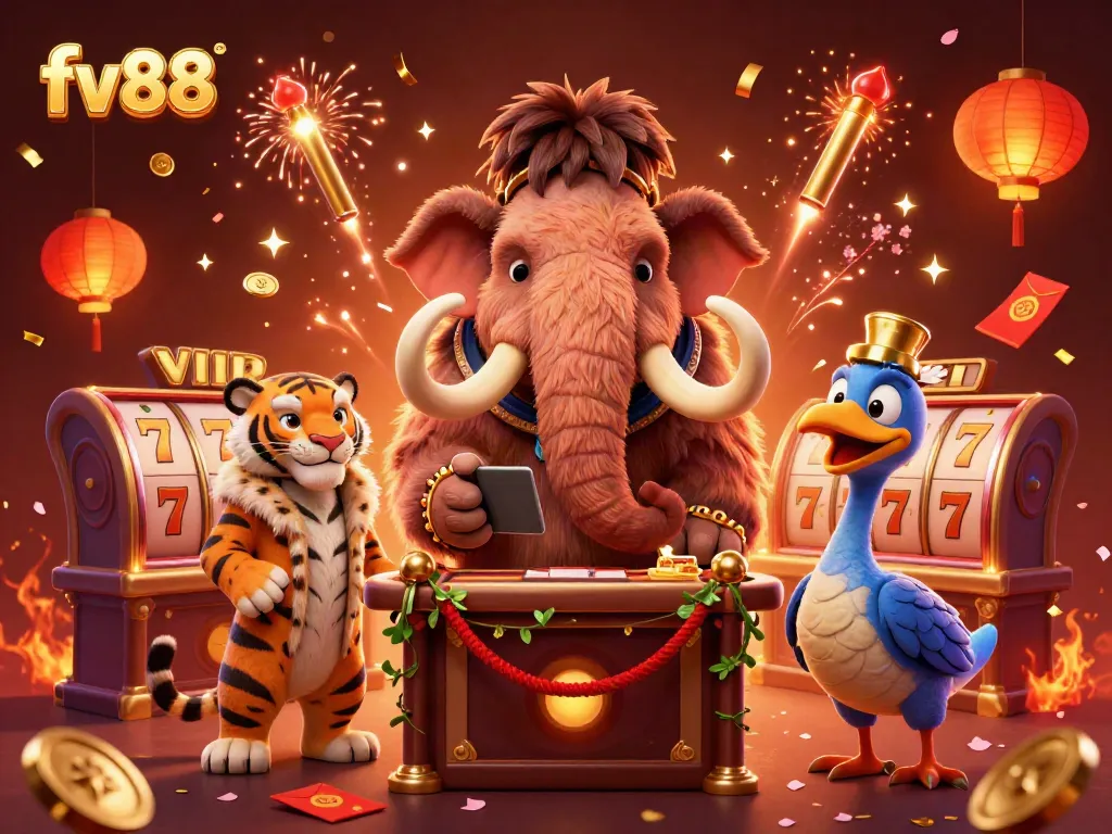 Experience the excitement of online slots at fv88, with vibrant 3D characters and celebratory elements.