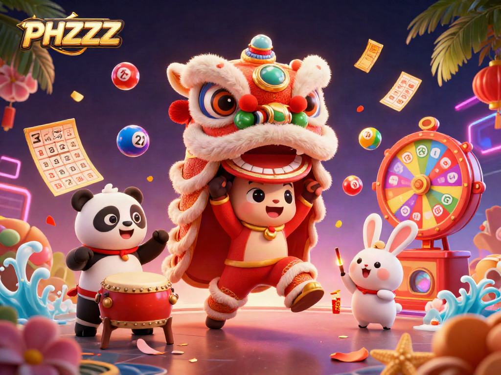 Engage with the PHZZZ festive scene featuring a lion dance and vibrant lottery elements in dynamic 3D.