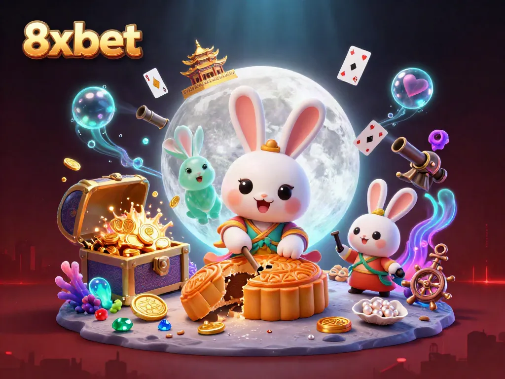 Experience thrilling gameplay with 8xbet's casino elements, featuring a moon rabbit revealing poker chips.