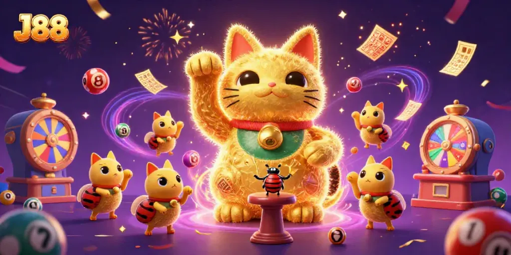 Engage with J88's vibrant casino experience through a lively illustration featuring a lucky cat and dynamic game elements.