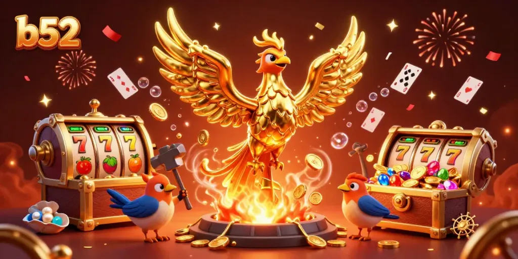 Experience the thrill of b52 gaming with a golden phoenix celebrating wins amidst vibrant slot reels and treasures.