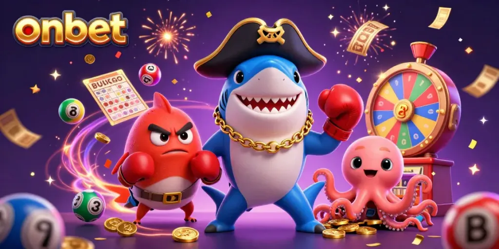 Engage with exciting onbet games featuring a shark captain, pufferfish boxer, and octopus holding coins.