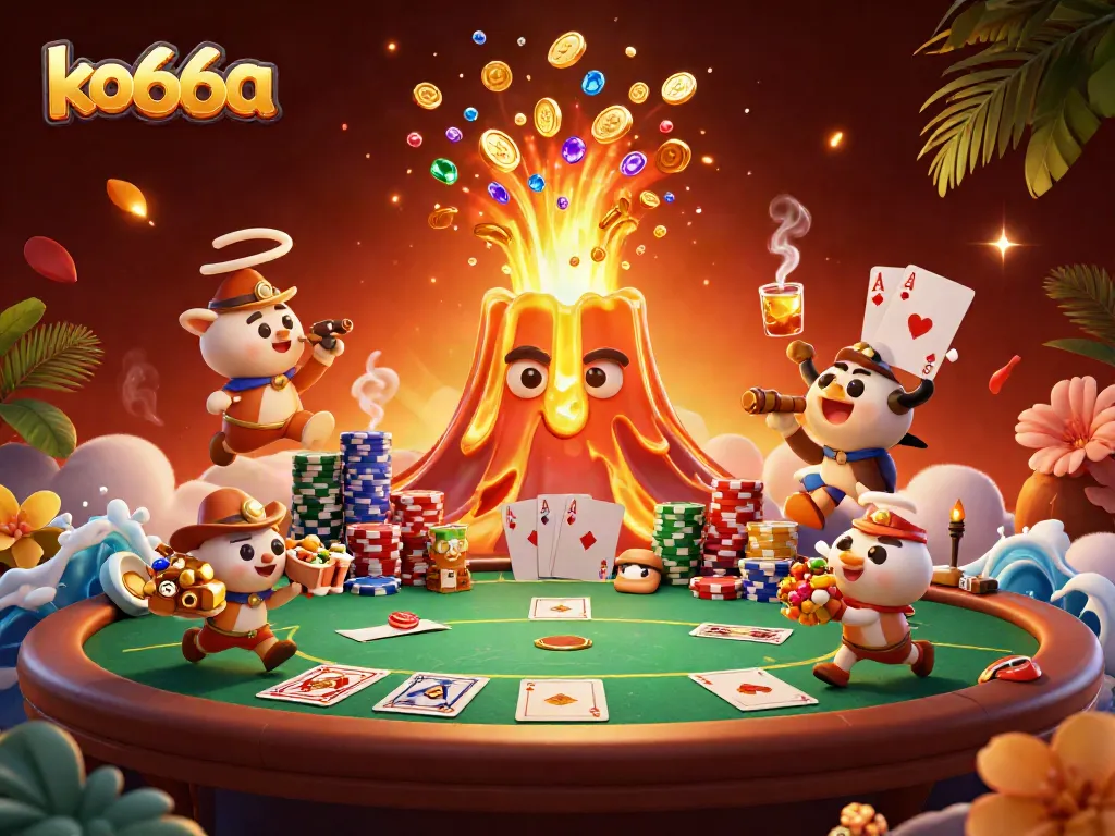 Experience exhilarating gameplay with ko66a as treasures erupt from the golden volcano amidst a lively casino scene.