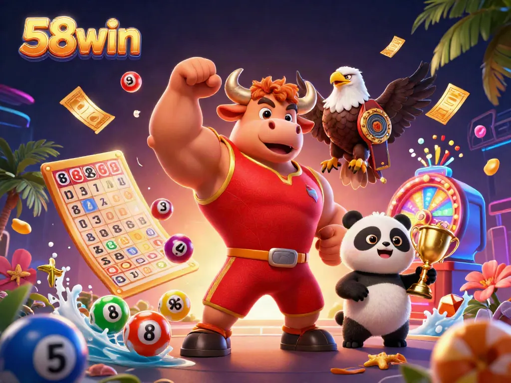 Experience thrilling gaming at 58win with lottery balls and lively characters celebrating victories.