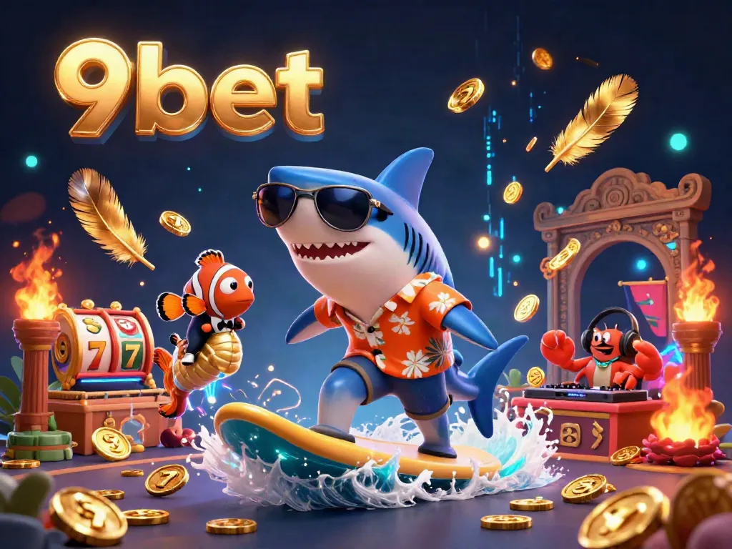Engage in thrilling gameplay with 9bet illustrated by a shark and clownfish in a vibrant, casino-themed scene.