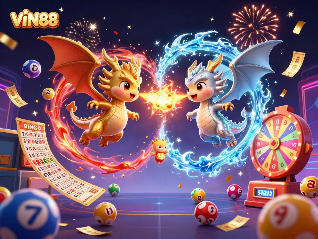 Experience the thrilling adventure of VIN88 with vibrant elements and dynamic dragons in a captivating casino scene.