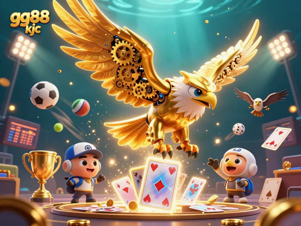 Engage in thrilling gaming with gg88 kjc as the golden eagle dives through holographic cards amidst exciting sports elements.