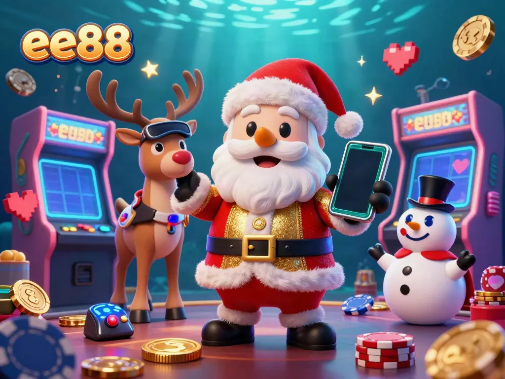 Experience the vibrant ee88 casino with Santa Claus, his reindeer, and a snowman in a colorful gambling scene.