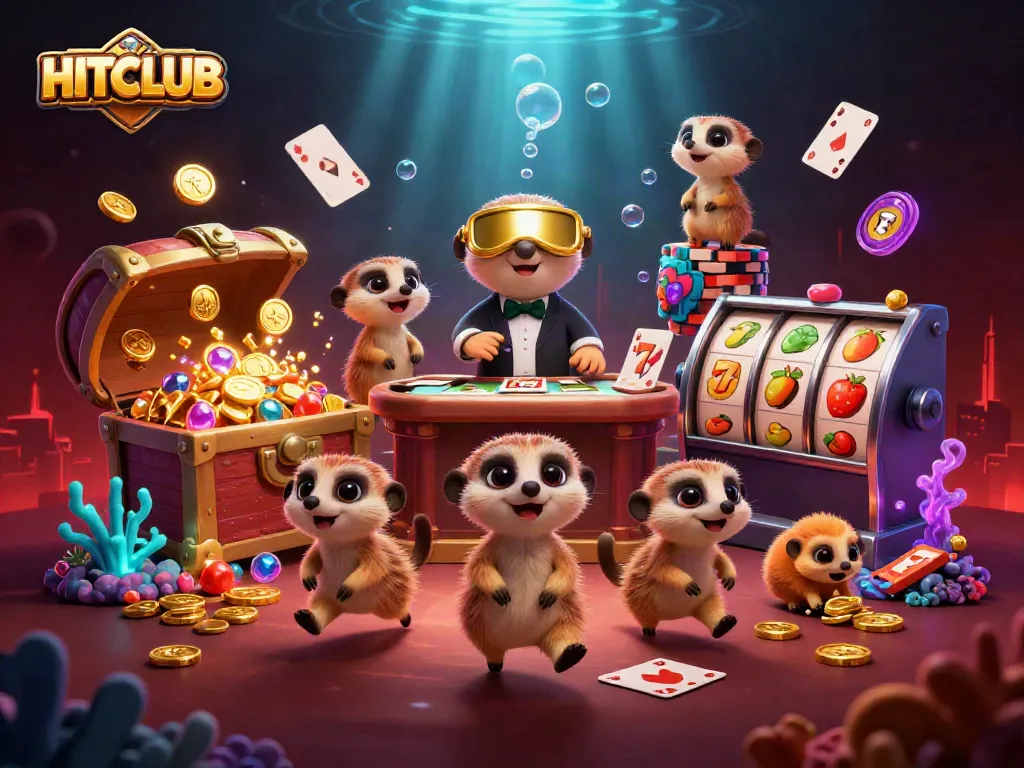 HITCLUB casino scene with meerkats engaging in gaming activities, showcasing lively action and vibrant colors.