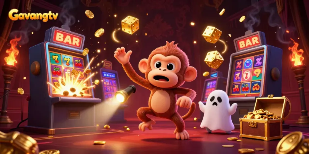 Experience thrilling gameplay at Gavangtv with a dynamic casino scene featuring a poltergeist monkey and excited puppy.