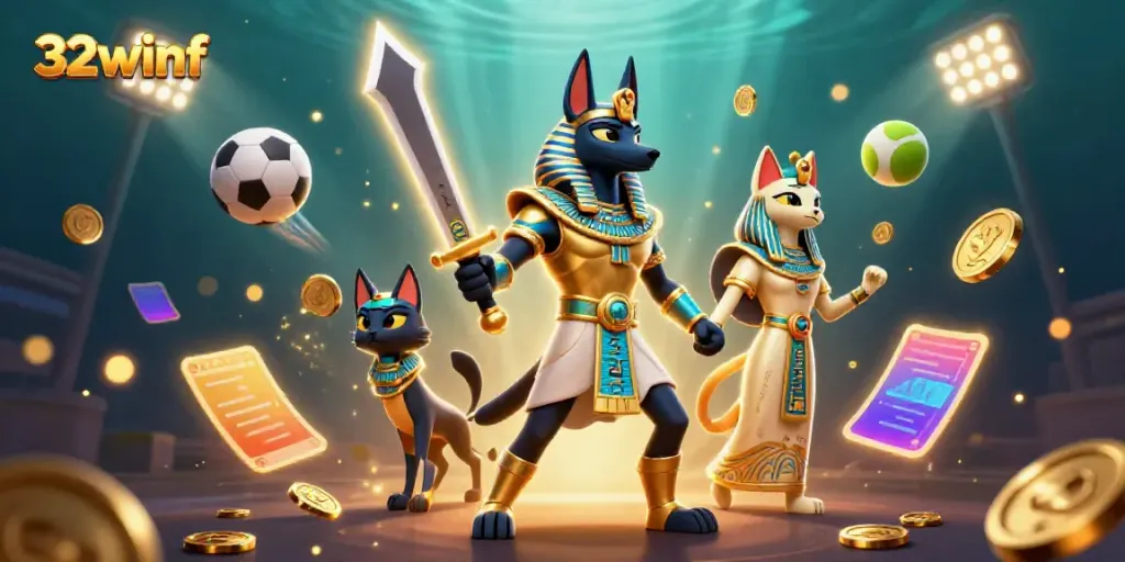 Experience 32winf's thrilling gaming scene with Anubis and Bastet surrounded by vibrant casino game elements.