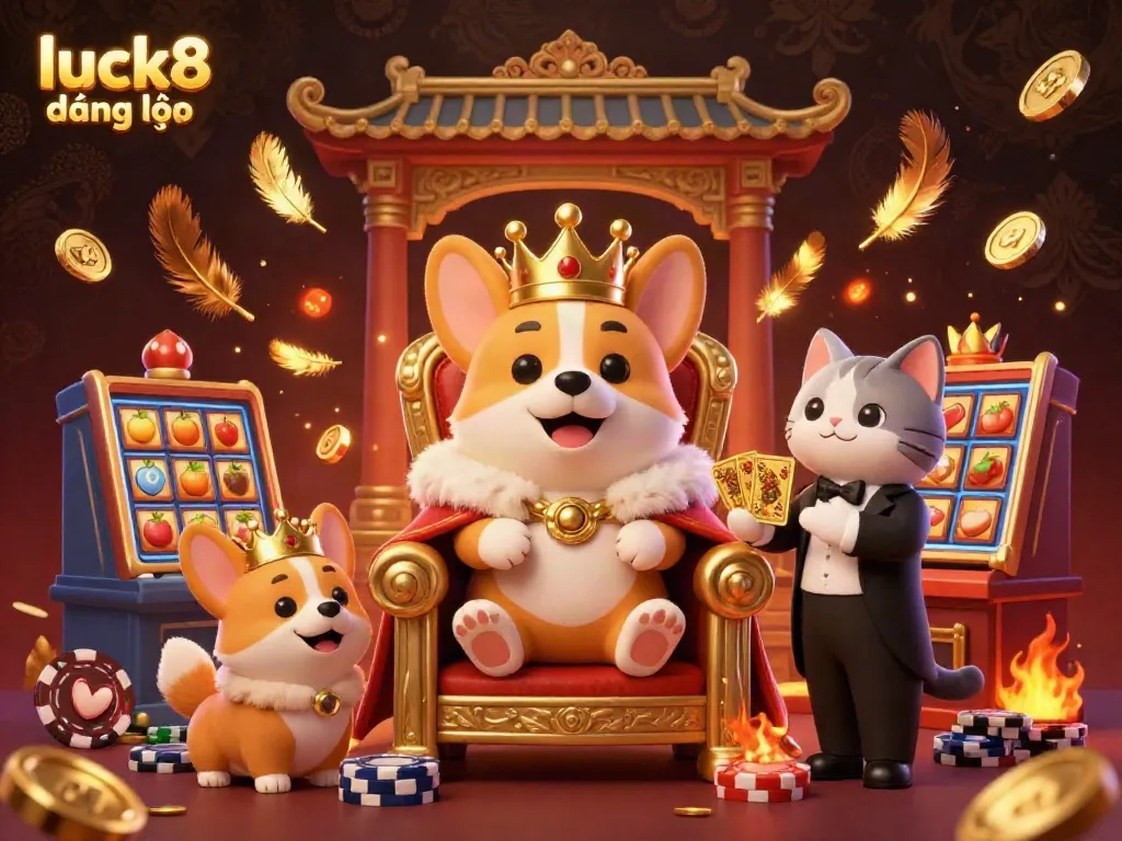 Engage in the excitement of luck8 đăng nhập with our vibrant 3D casino scene featuring animated corgis and golden gaming elements.